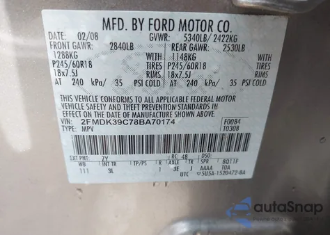 2008 Ford Edge Limited from USA, damaged, VIN 2FMDK39C78BA70174
